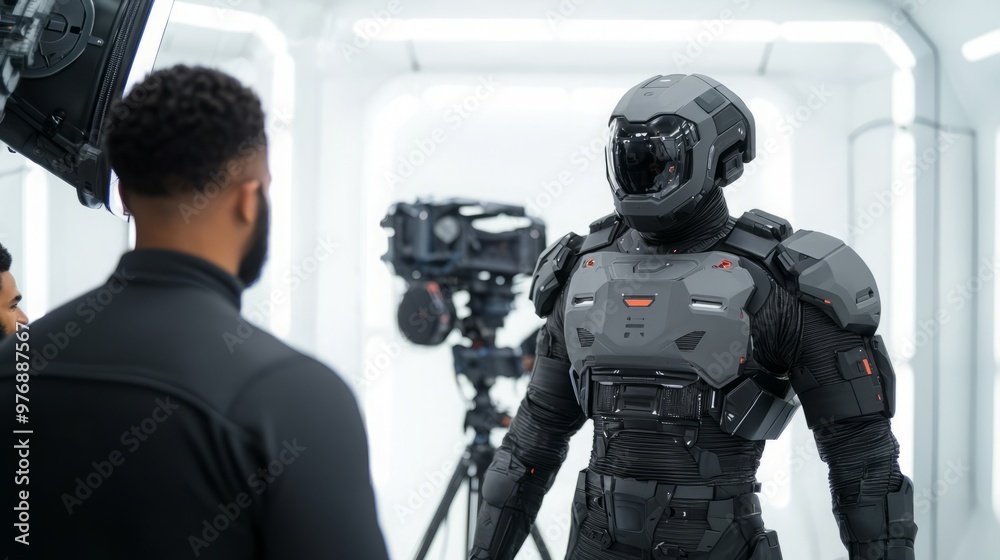 A futuristic scene featuring a humanoid robot and a technician in a modern studio environment, highlighting advanced technology. A futuristic scene featuring a humanoid robot and a technician in a modern studio environment, highlighting advanced technology.