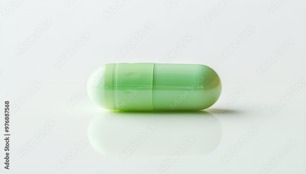 One light green pill on white background. Medicinal treatment One light green pill on white background. Medicinal treatment