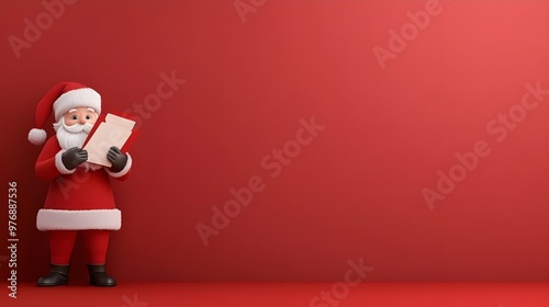 Front view of santa claus with bag holding tickets and preparing for trip on red wall 3d rendered photo