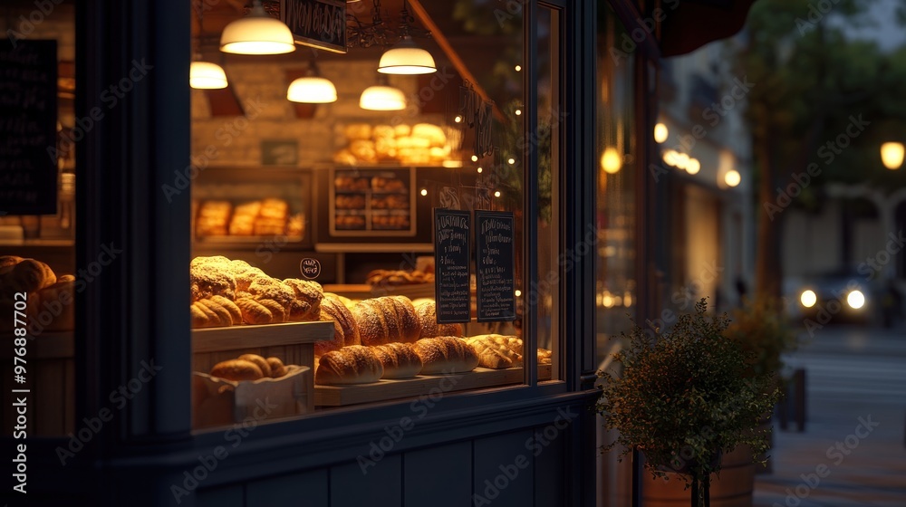 A cozy bakery in the evening, glowing warmly with lights, showcasing freshly baked bread in the window. A cozy bakery in the evening, glowing warmly with lights, showcasing freshly baked bread in the window.