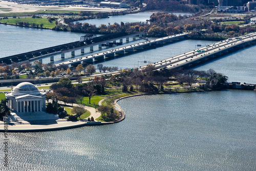 Late fall aerial view overhead the Thomas Jefferson Memorial, Tidal Basin, West Potomac Park, Washington DC