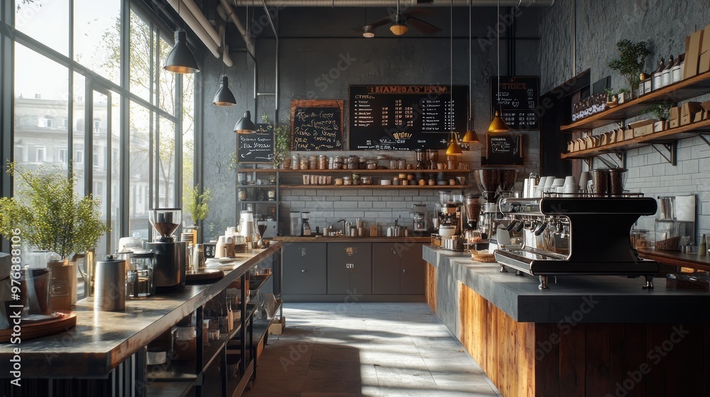 A coffee shop interior with an open kitchen and barista stations, creating a dynamic and lively atmosphere with plenty of interaction and energy. A coffee shop interior with an open kitchen and barista stations, creating a dynamic and lively atmosphere with plenty of interaction and energy.