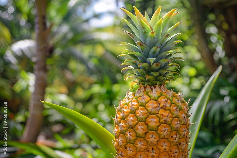 A ripe pineapple on a plant and detailed texture A ripe pineapple on a plant and detailed texture