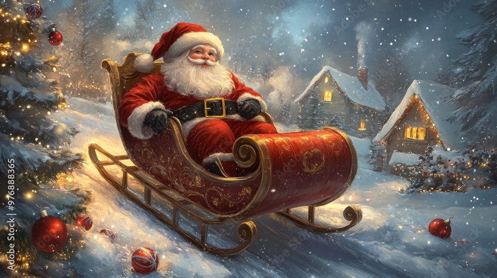 Santa Claus in a cozy winter scene with a sleigh and festive decorations. Santa Claus in a cozy winter scene with a sleigh and festive decorations.