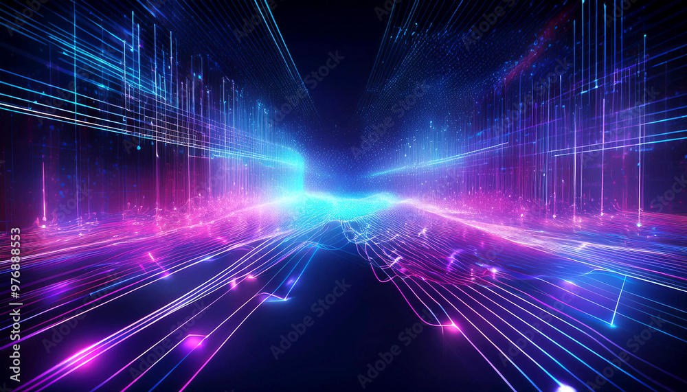 Fototapeta premium Futuristic Digital Landscape with Luminous Wireframes