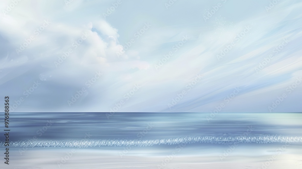 Fototapeta premium Abstract Blue Blurred Background with Light Sky Blue Color Gradient, Soft Clouds, and Calm Sea Water Texture. Bright Summer Day, Clear Sky, and Minimalistic Vector Illustration in a Realistic Photo St