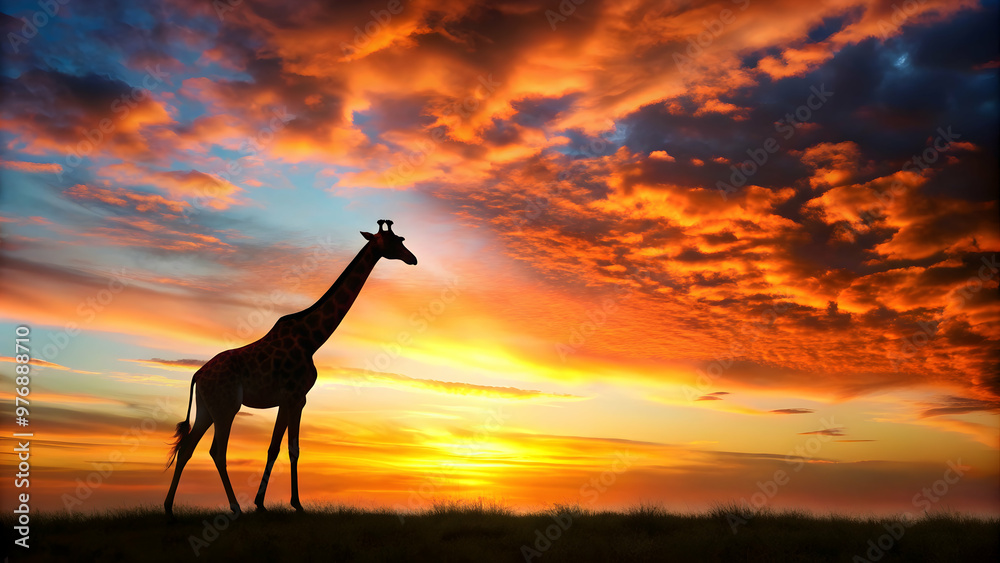 A majestic giraffe silhouetted against a fiery sunset sky, giraffe, sunset, sky, nature, wildlife, African, animal, majestic A majestic giraffe silhouetted against a fiery sunset sky, giraffe, sunset, sky, nature, wildlife, African, animal, majestic
