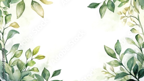 Green floral frame with leaves and trees, ideal for wedding stationery and cards.