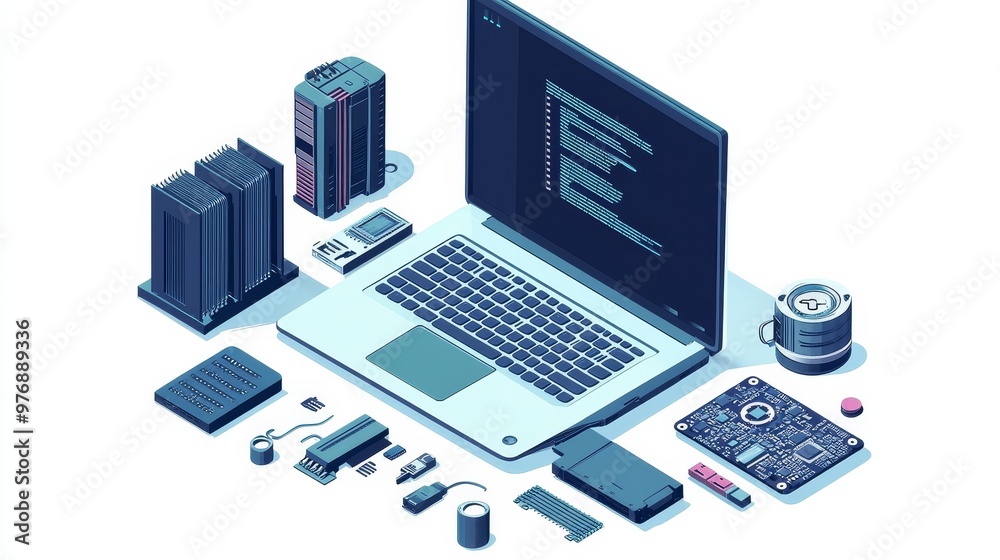 Isometric View of IT Hardware Repair Technician Diagnosing Broken Laptop for Repair Isometric View of IT Hardware Repair Technician Diagnosing Broken Laptop for Repair