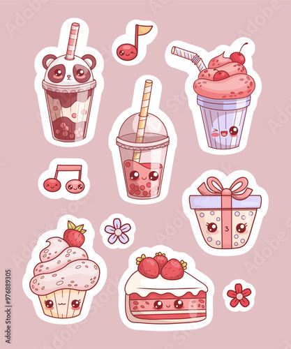 Cute sweet food and drink stickers. Isolated kawaii character. Festive piece cake and cream cupcake with strawberries, glass bubble tea, glass of milk shake and gift box. Vector illustration
