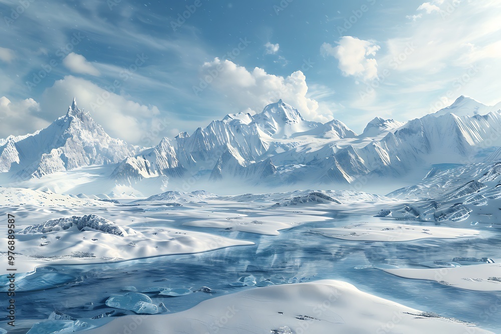A icy landscape mountain range with clouds in the sky A icy landscape mountain range with clouds in the sky