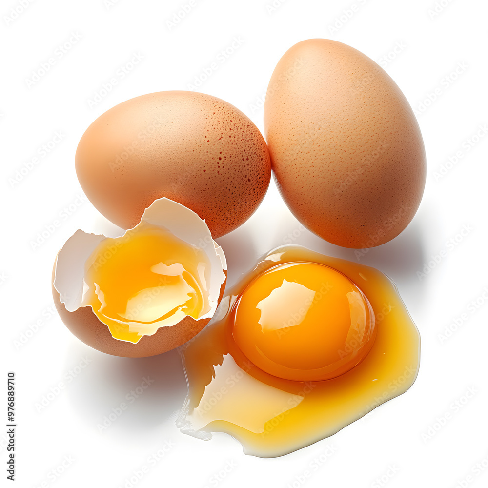 Cracked open eggs with intact yolks and broken shells, set against a white background Cracked open eggs with intact yolks and broken shells, set against a white background