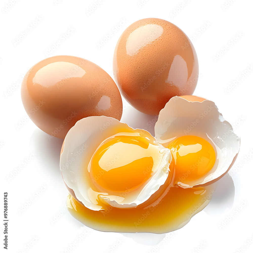 Cracked open eggs with intact yolks and broken shells, set against a white background Cracked open eggs with intact yolks and broken shells, set against a white background