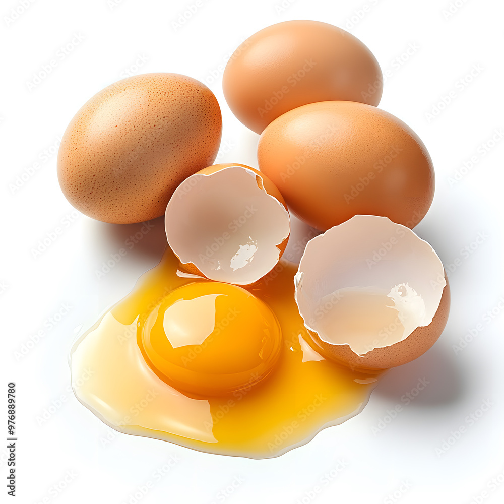 Cracked open eggs with intact yolks and broken shells, set against a white background