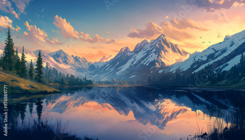 Nature Bliss: A serene mountain landscape with a lake reflecting the snowy peaks at sunrise