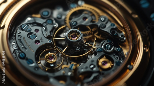 Artistic close-up of a watch's intricate internal components, showcasing exposed gears, springs, and movement, emphasizing the fine precision engineering and craftsmanship in horology.