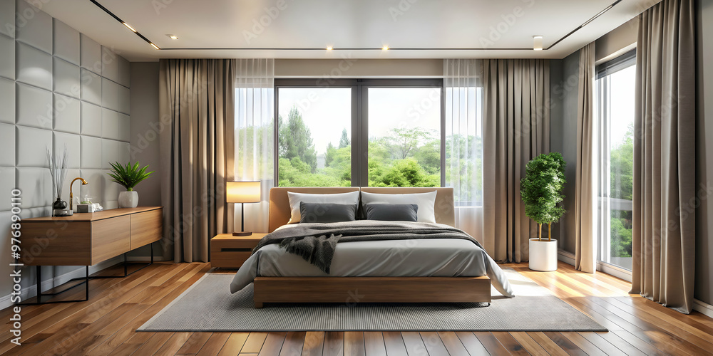 Modern bedroom with minimal interior design featuring a window with simple curtains , modern, bedroom, minimal Modern bedroom with minimal interior design featuring a window with simple curtains , modern, bedroom, minimal