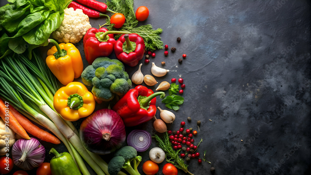 Assortment of fresh vegetables on dark surface, fresh, vegetables, vibrant, colorful, healthy, organic, assorted, arrangement Assortment of fresh vegetables on dark surface, fresh, vegetables, vibrant, colorful, healthy, organic, assorted, arrangement