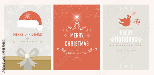 Three Different Christmas Card Design with Christmas Tree, Santa Hat and Cardinal Bird. All in separate layers. Vector.