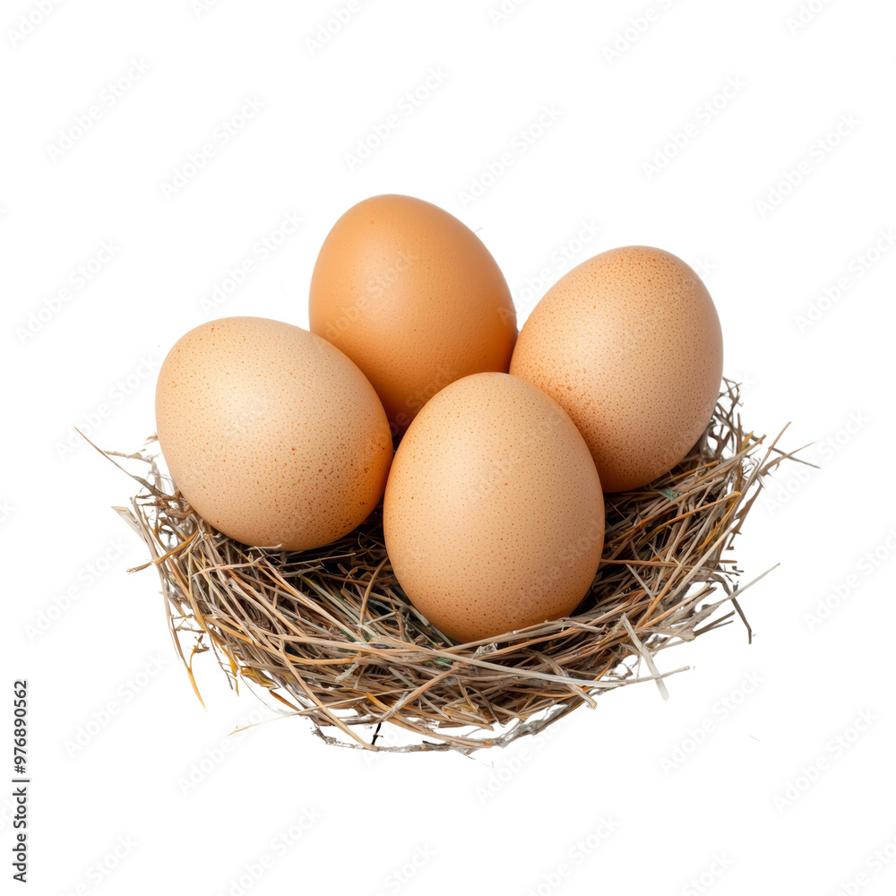 Four brown eggs in a nest of straw on a dark background Four brown eggs in a nest of straw on a dark background