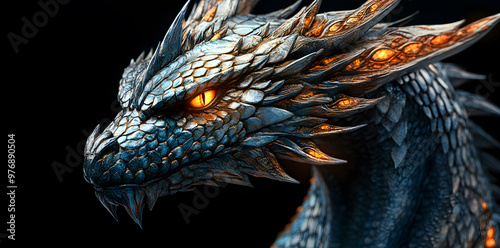 Close-up view of a dragon, illustrated in 3D to highlight the details of this fantastic reptile.