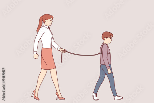 Problem of hyperprotection and lack of freedom for child, due to mother tying son during walk. Boy suffers from hyperprotection caused by psychological disorder of mother, who is afraid to let go