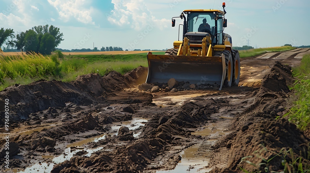 A yellow driven loader gathers heaps of dirt the road building field A yellow driven loader gathers heaps of dirt the road building field
