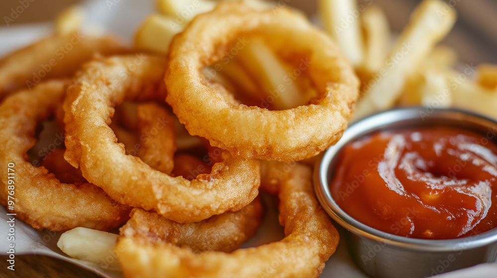 onion rings with french fries and tomato ketchup onion rings with french fries and tomato ketchup