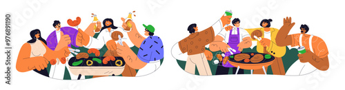 Barbecue party with friends grilling meat, eating food, drinking on summer vacation. Happy people cooking BBQ outdoors. Men and women at barbeque. Flat vector illustration isolated on white background