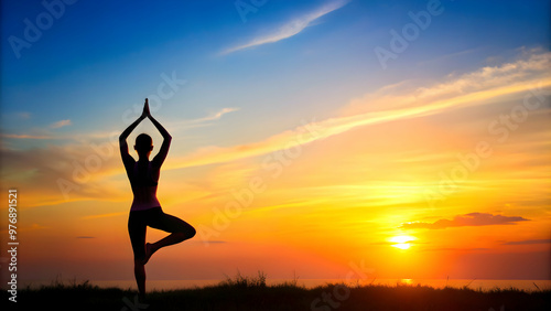 Yoga silhouette of a person practicing various yoga poses , meditation, relaxation, wellness, exercise, flexibility