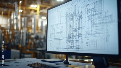 A close-up, high-definition view of a CAD drawing of a construction blueprint, with intricate details of structural beams and electrical layouts displayed on a large computer screen, bathed in