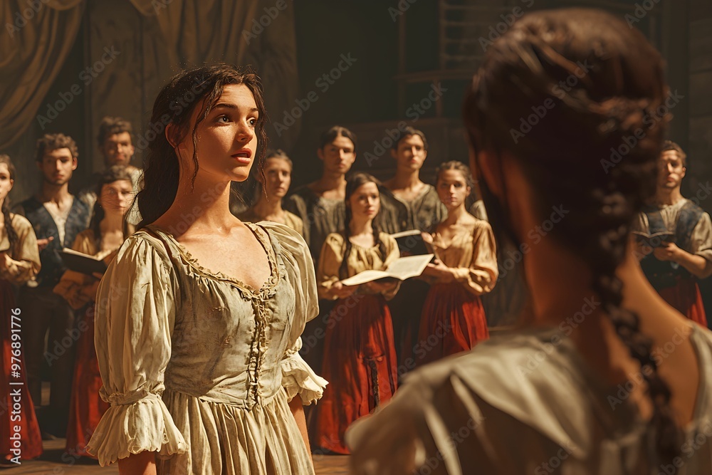 Fototapeta premium Young woman performs in an ensemble during a dramatic rehearsal