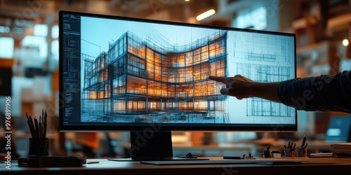 A close-up, realistic view of an architect hand pointing to a CAD drawing of a skyscraper internal support structure, with the screen illuminated by natural daylight and design tools scattered around