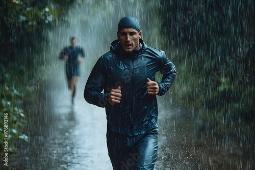 Runners braving the rain on a forest trail in the evening photo