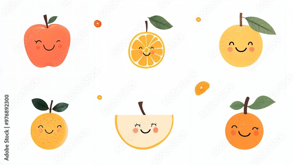 A Cheerful Array of Fruit Characters Smiling with Joy, Each Representing a Unique Flavor and Personality, Set Against a Bright White Background, Inviting Laughter and Delight.