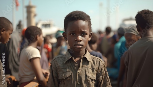 A Sudanese migrant refugee boy child in a boat with a crowd of people