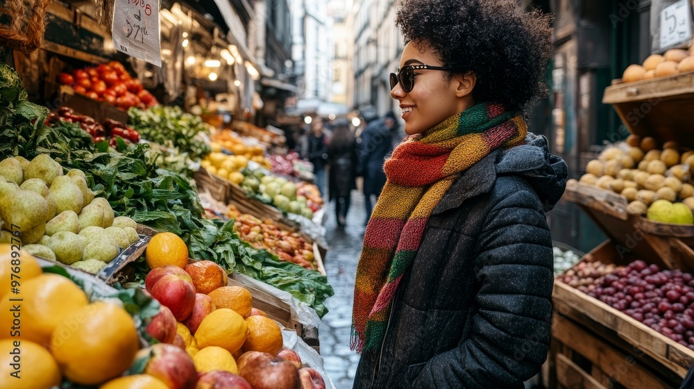 Vibrant Urban Market A Young Woman Explores the Colorful Stalls Overflowing with Fresh Produce Vibrant Urban Market A Young Woman Explores the Colorful Stalls Overflowing with Fresh Produce