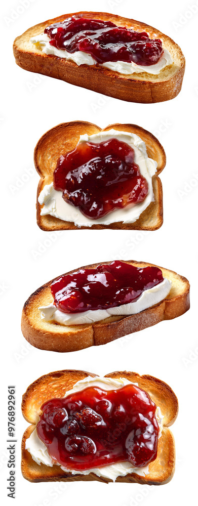 Delicious toast slices topped with creamy cheese and berry jam, perfect for breakfast or snack time. Delicious toast slices topped with creamy cheese and berry jam, perfect for breakfast or snack time.