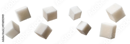 A collection of sugar cubes on a white background, ideal for culinary and beverage related themes and recipes.