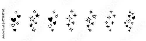 Hand drawn like reaction for live stream, blog, comment, social media post. Handwriting hearts, stars, twinkle, sparks, glitter. Doodle vector illustration. Crayon scribble