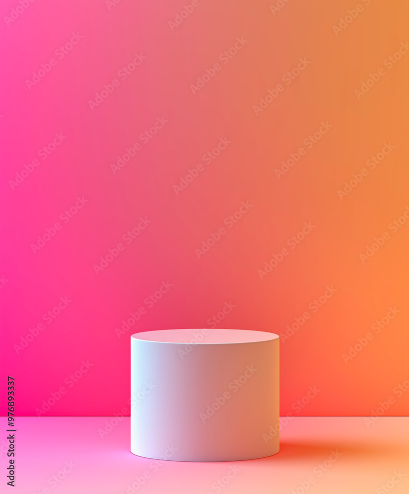White cylinder podium displaying on gradient pink and orange background