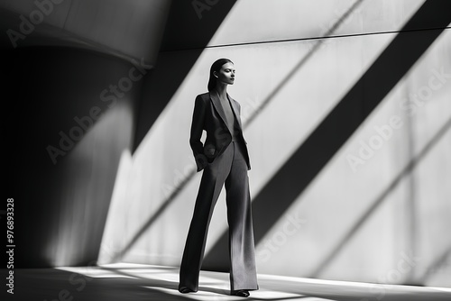 Minimalist Black and White Fashion Portrait of a Woman in Tailored Suit