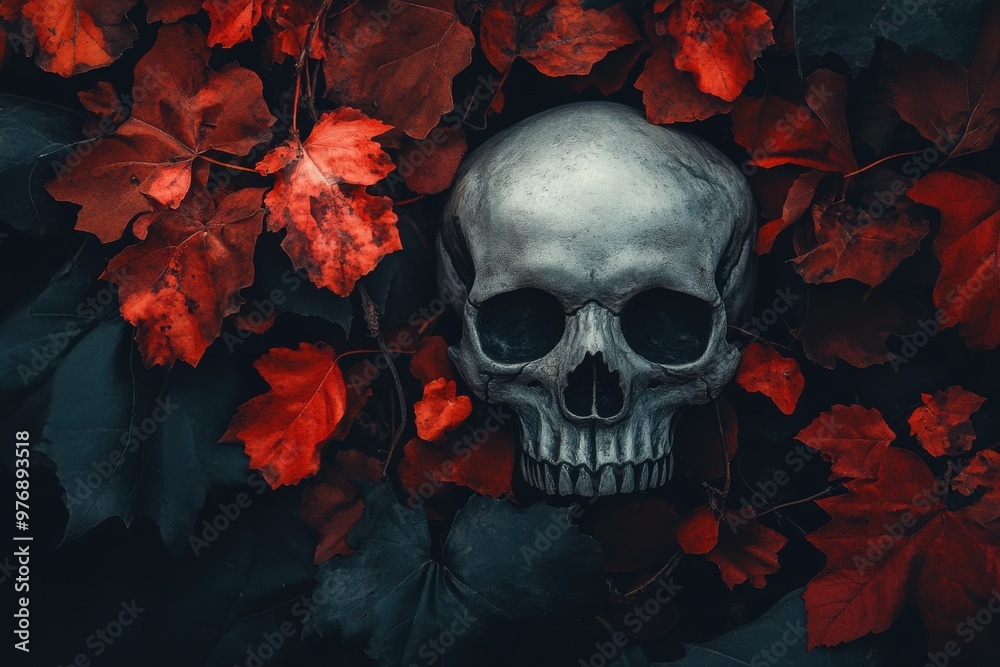 halloween flat lay mockup with autumn mood. leaves and skull. halloween flat lay mockup with autumn mood. leaves and skull.