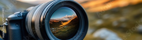 Close-up of a camera lens reflecting a scenic landscape photo