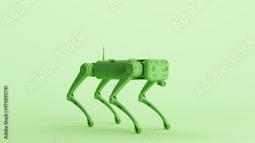 Green autonomous robot robot dog AI robot military project surveillance drone remote-controlled platform equipment quarter view 3d illustration render photo