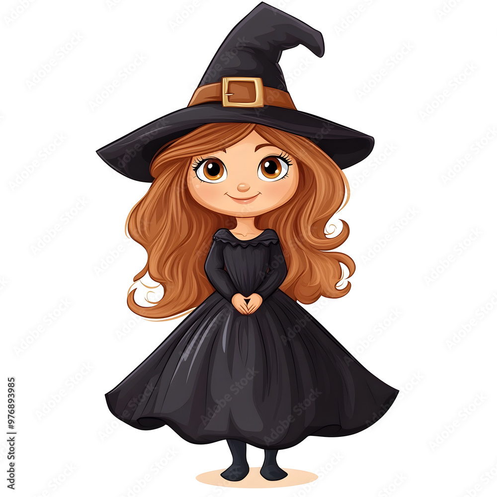 Cute Cartoon Witch Girl in Halloween Costume with Witch Hat Holding Pumpkin on White Background Cute Cartoon Witch Girl in Halloween Costume with Witch Hat Holding Pumpkin on White Background