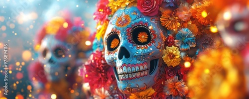 Colorful Sugar Skull Decorated with Flowers for Day of the Dead