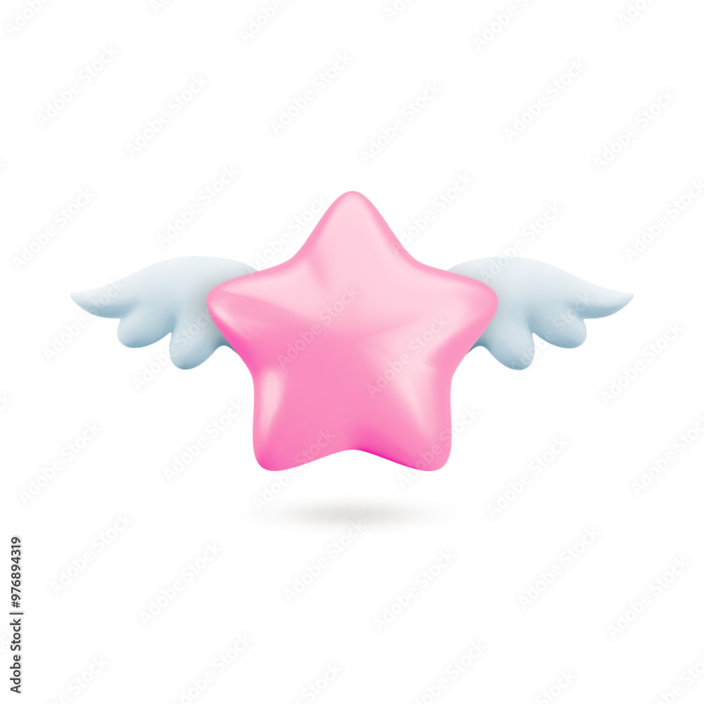 Vector 3d pink star with wings icon. Cute realistic cartoon flying star 3d render on white background, glossy soft color star Illustration for customer rating concept, decoration, game design, app. Vector 3d pink star with wings icon. Cute realistic cartoon flying star 3d render on white background, glossy soft color star Illustration for customer rating concept, decoration, game design, app.