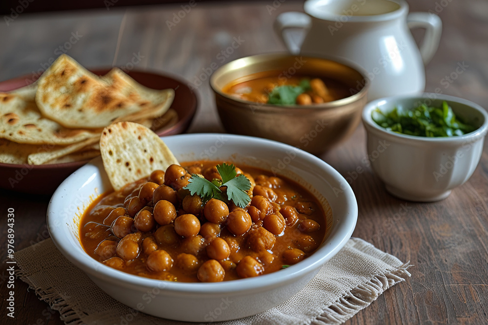 Traditional Indian Thali with Chole Bhature, Pickle, and Accompaniments