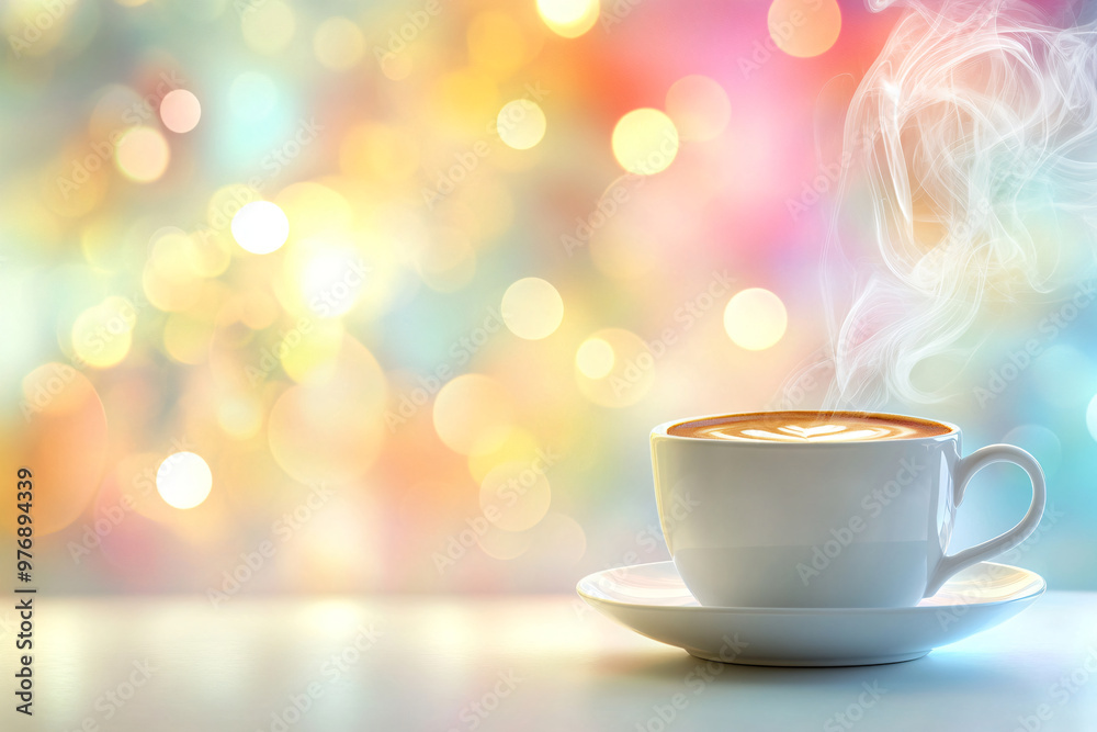 Obraz premium White cap of cappuccino with milk foam and steaming smoke on blurred background. Black hot coffee mug on backdorp with golden lights, glittering sparkles and bokeh. Warm light atmosphere. Copy space